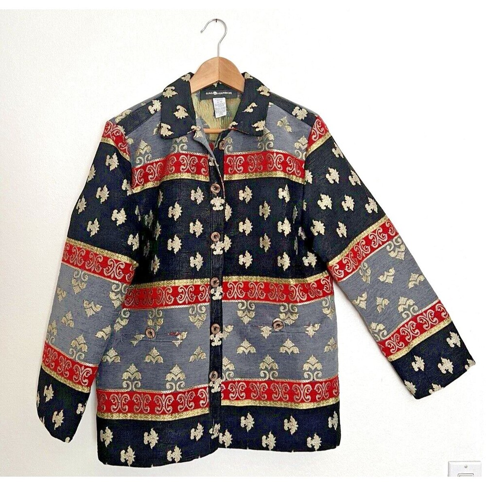 Vintage SAG HARBOR WOMEN'S TAPESTRY BROCADE JACKET FLEUR DE LIS PATTERN SZ 10